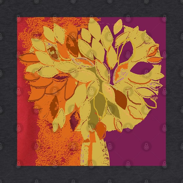 Tree, fall leaves orange plum gold red, fiber art textile photography mixed media digital by djrunnels